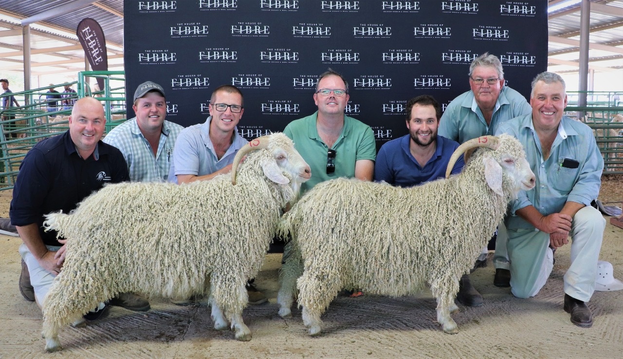 Group of individuals posing with two Angora goats at an agricultural event, standing in front of a banner with repeated House of Fibre logos.