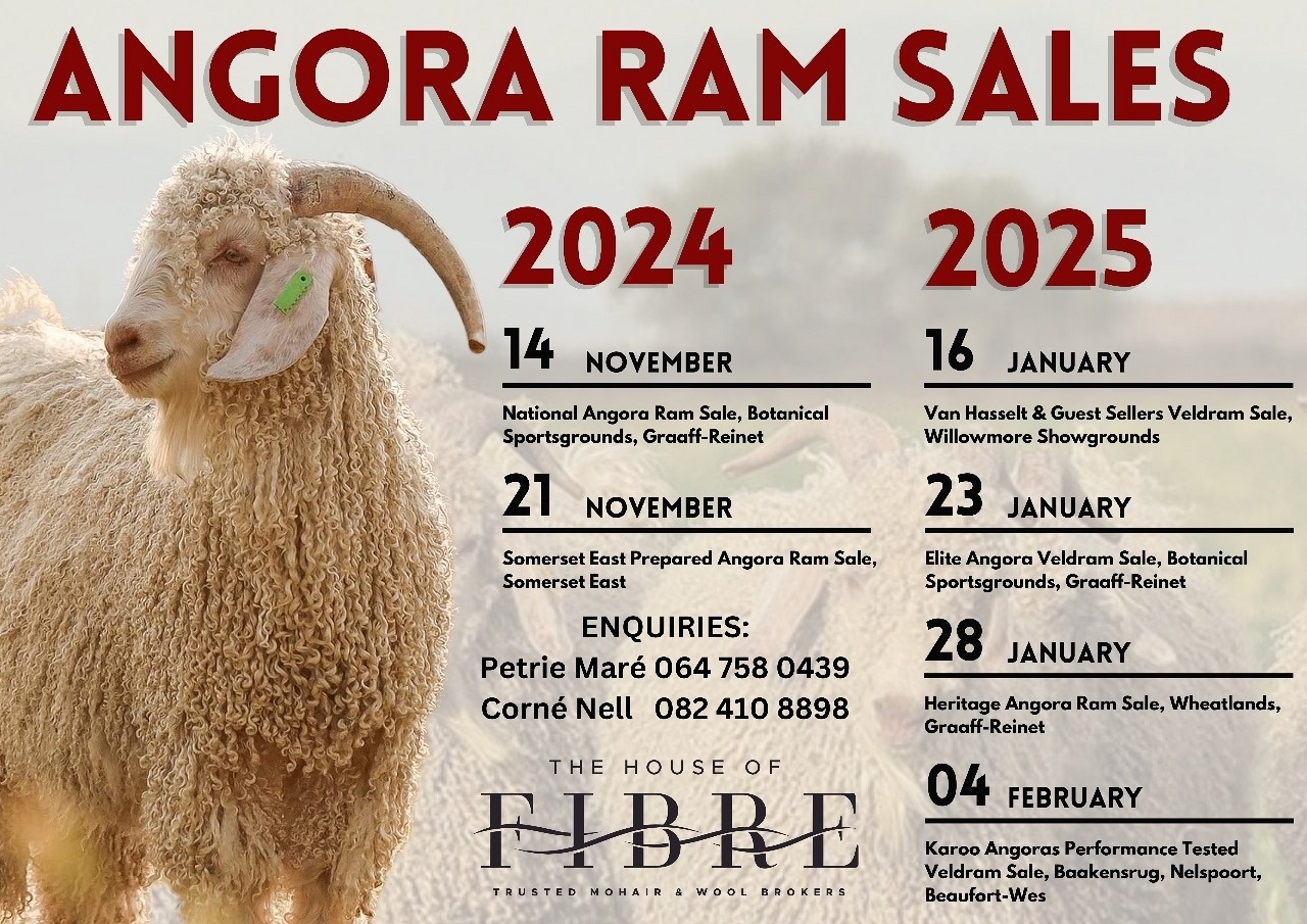 Promotional poster for Angora Ram Sales in 2024 and 2025, featuring various sale dates and locations, like Somerset East, Willmore Showgrounds, and Boesmanskop. Includes contact information for enquiries with a logo for The House of Fibre.