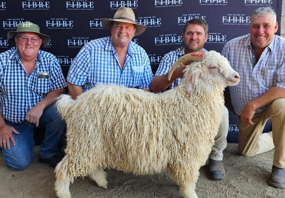 Four individuals posing with a prize-winning sheep at a Fibre Libre event.